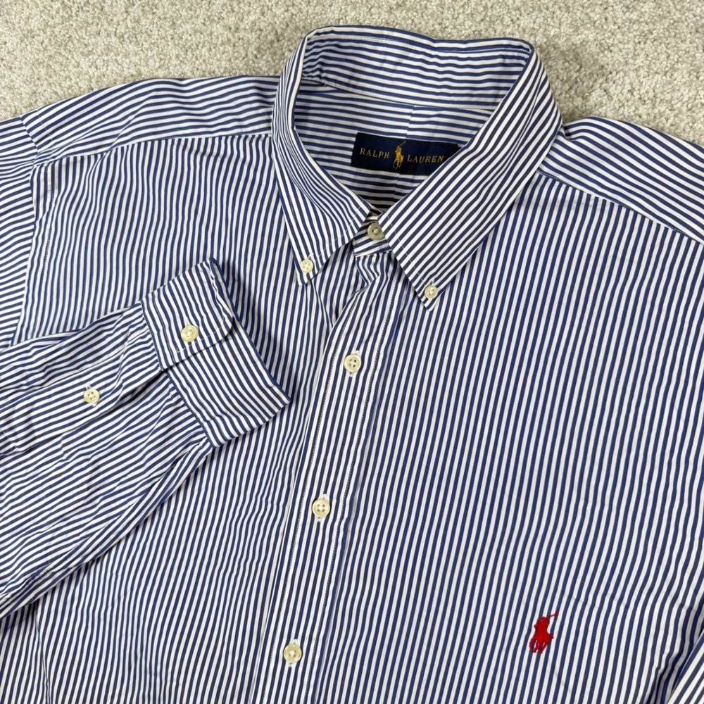 Ralph Lauren Button Down Shirt Men LT Blue White Striped Long Sleeve Pony Logo